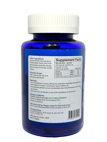 Blue supplement bottle with white cap and label on a white background