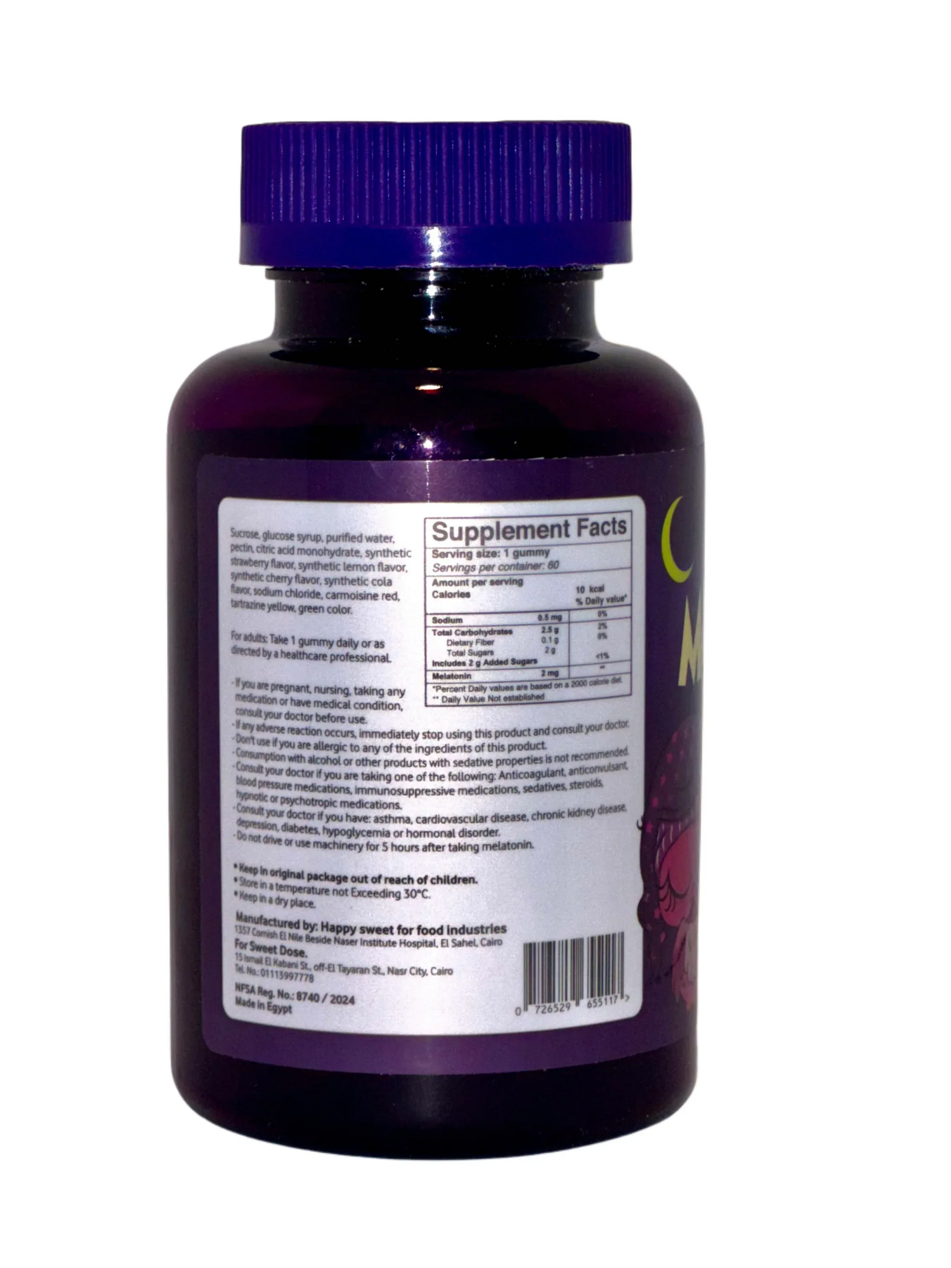 Purple supplement bottle with label on a white background
