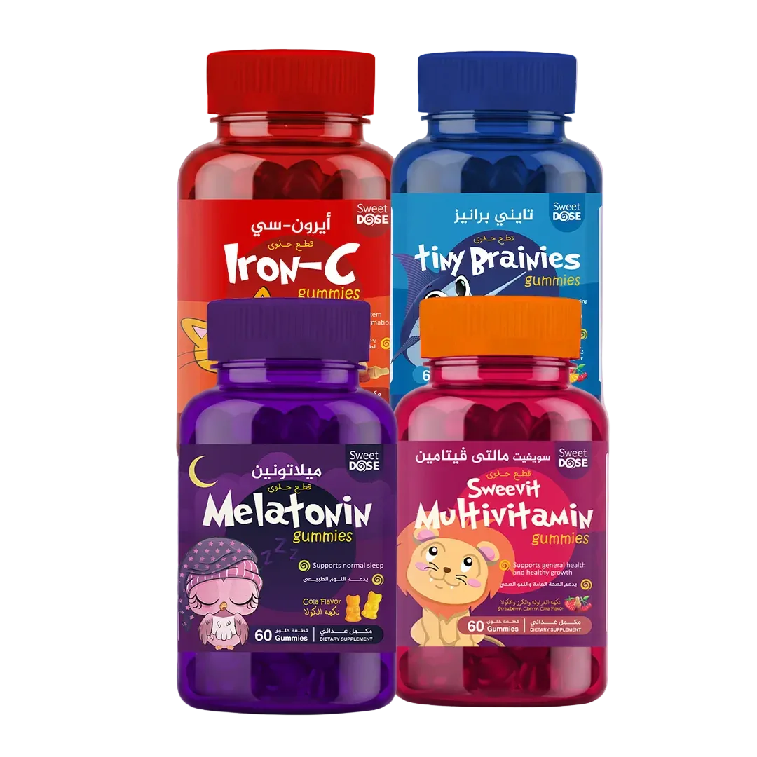 Four bottles of Sweet Dose gummies on a gradient purple background