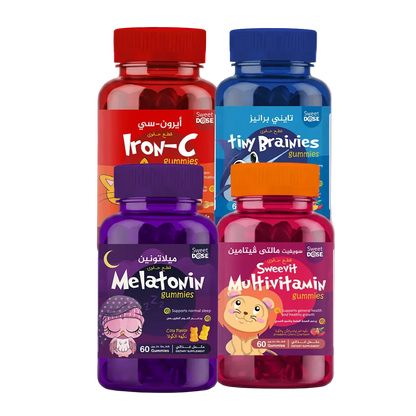 Four bottles of Sweet Dose gummies on a gradient purple background