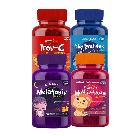 Four bottles of Sweet Dose gummies on a gradient purple background