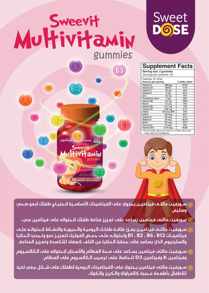 Advertisement for Sweet Dose Sweevit Multivitamin gummies with a colorful design and cartoon character.