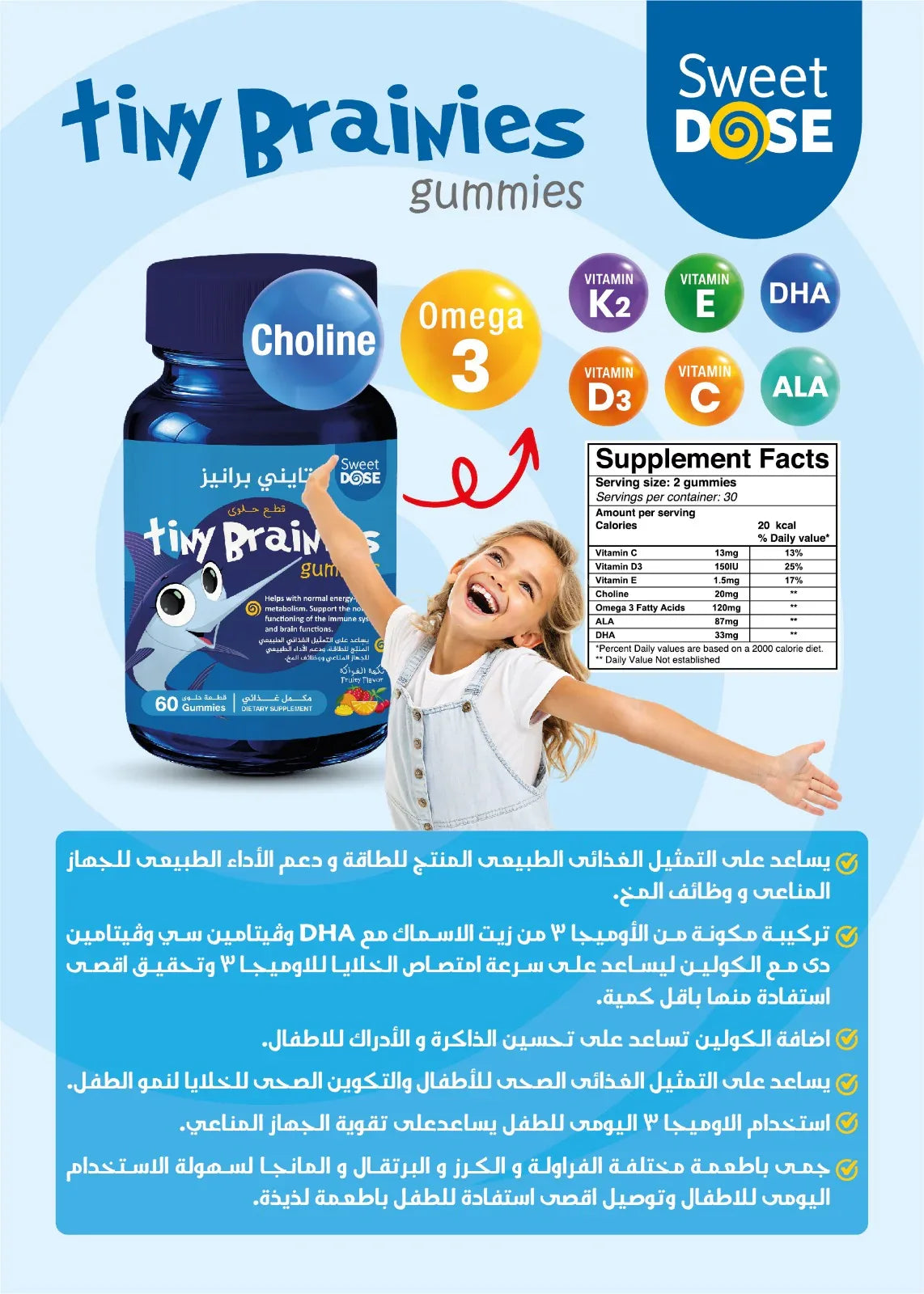 Advertisement for tiny Brainies gummies with supplement facts and branding details.